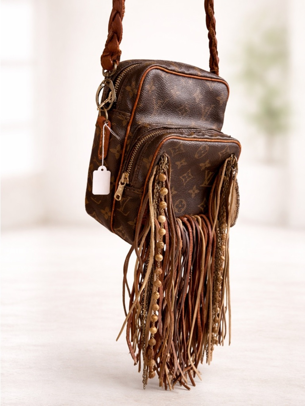Luxury Brown Fringe Crossbody Bag - Designer Monogram Style